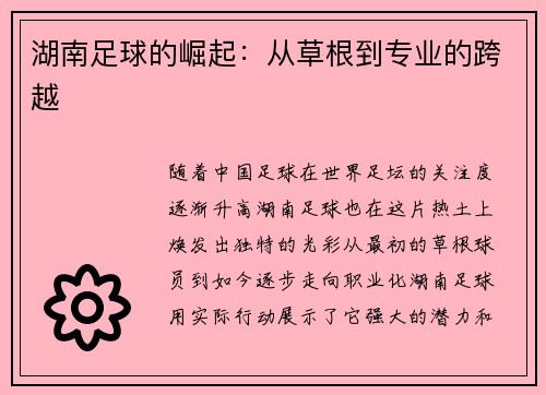 湖南足球的崛起：从草根到专业的跨越
