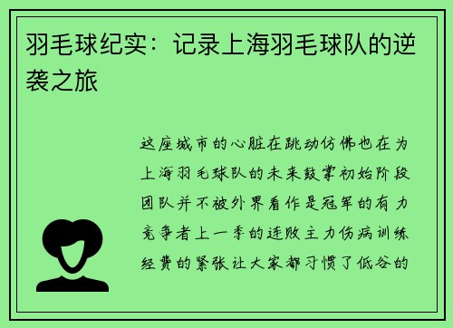 羽毛球纪实：记录上海羽毛球队的逆袭之旅